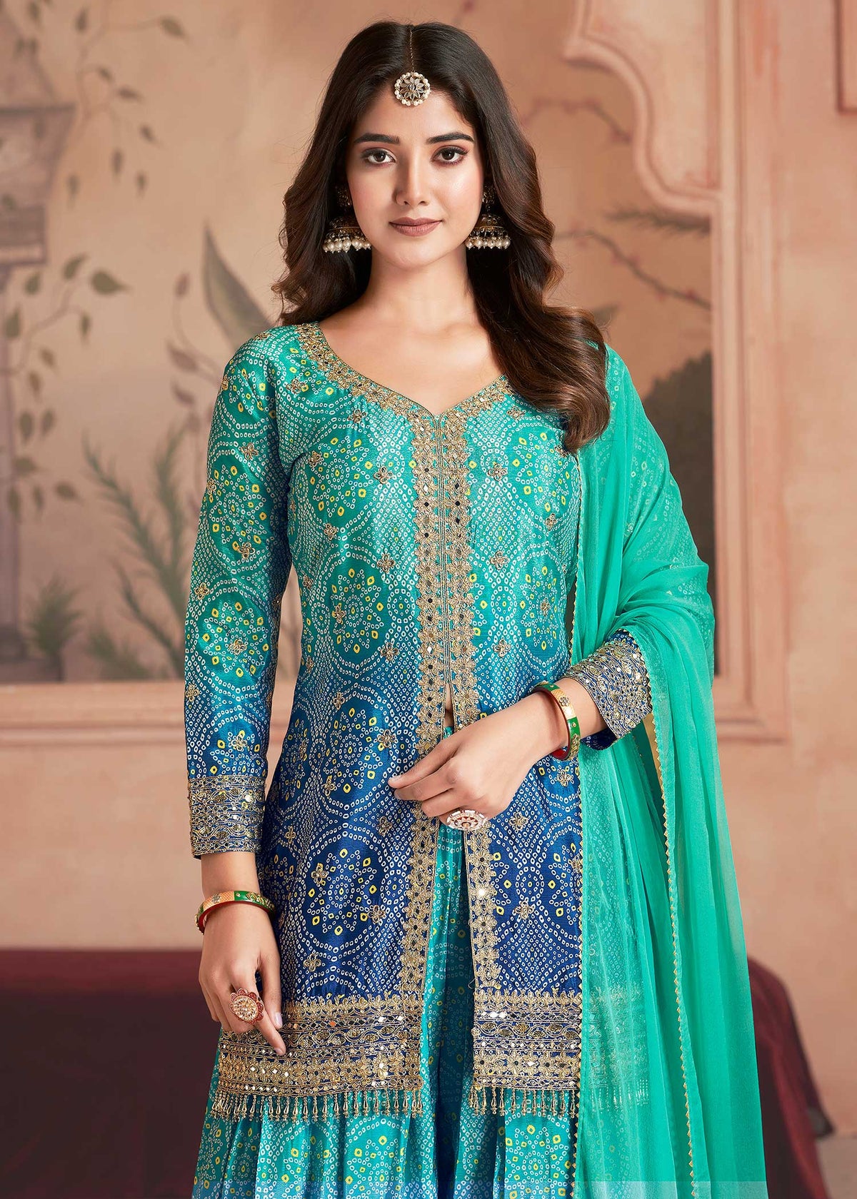 Teal Blue Embroidered Sharara Set
