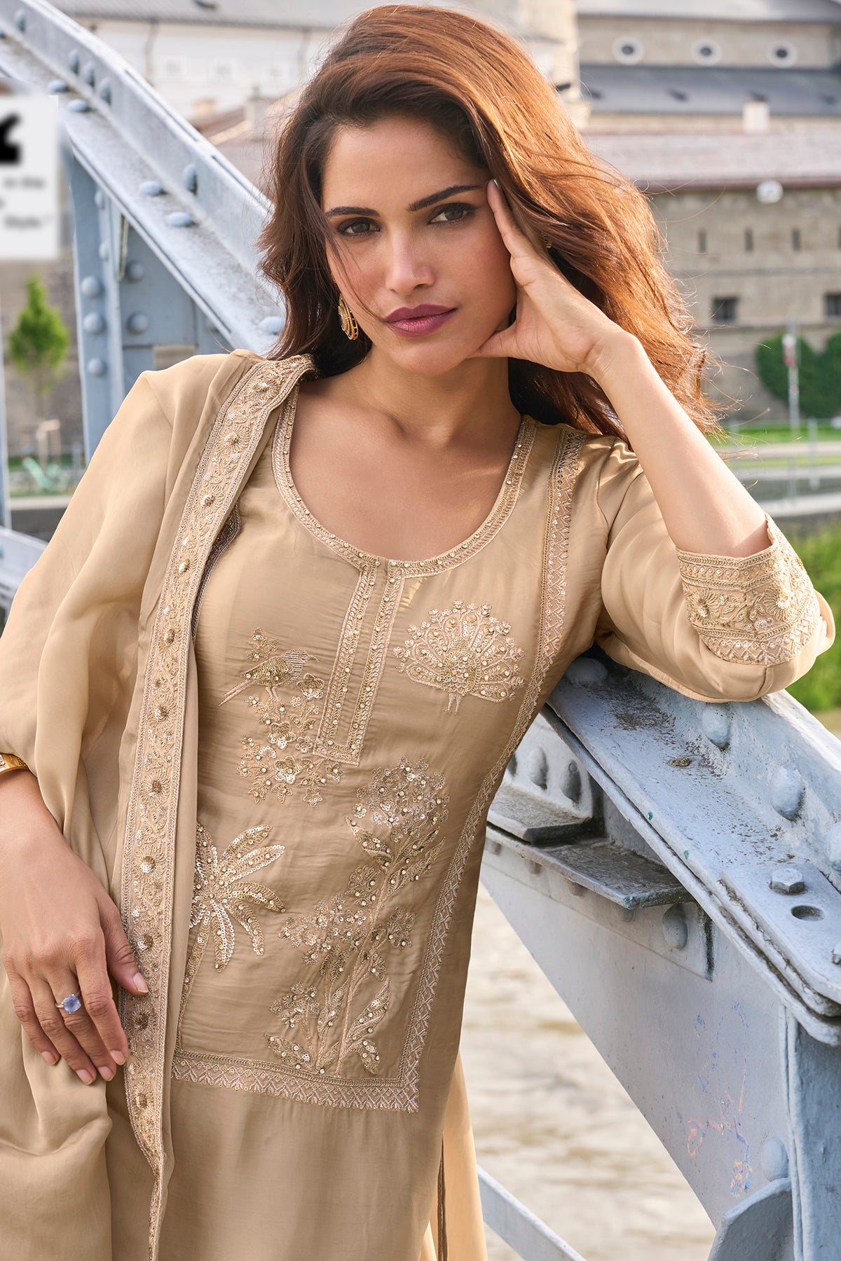 Beige Embroidered Sharara Suit Set