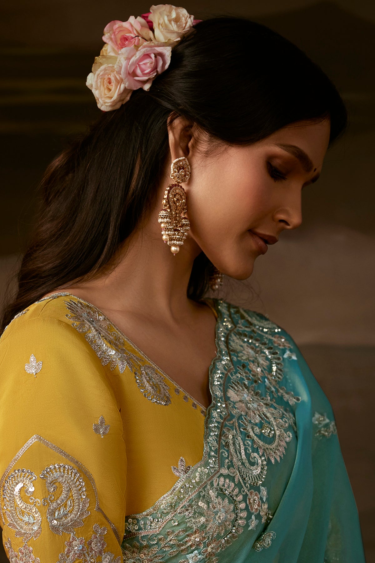 Teal Blue Two Tone Satin Silk Saree