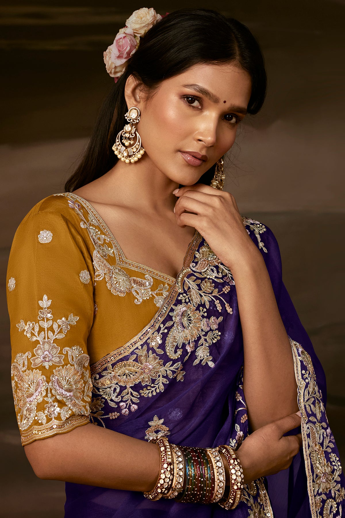 Royal Purple Embroidered Saree with Golden Work
