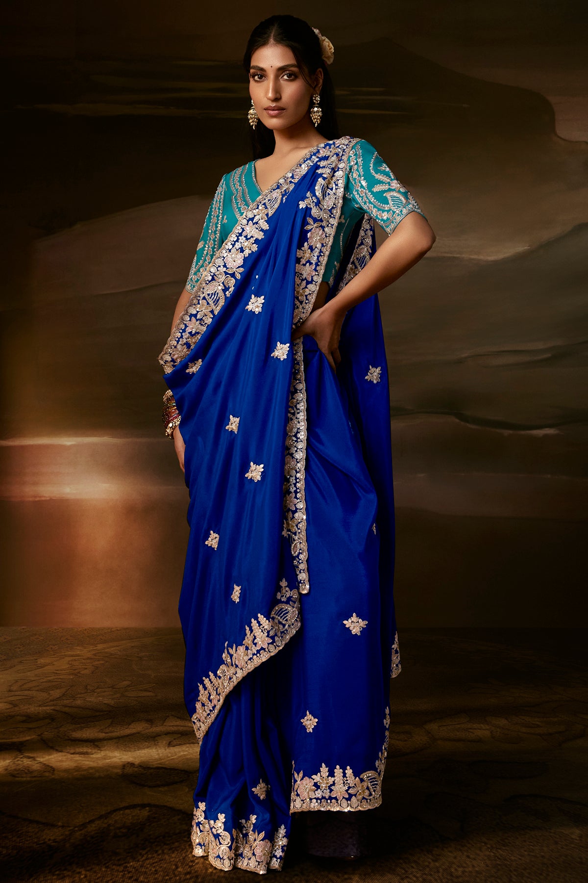 Royal Blue Embroidered Saree with Teal Blouse