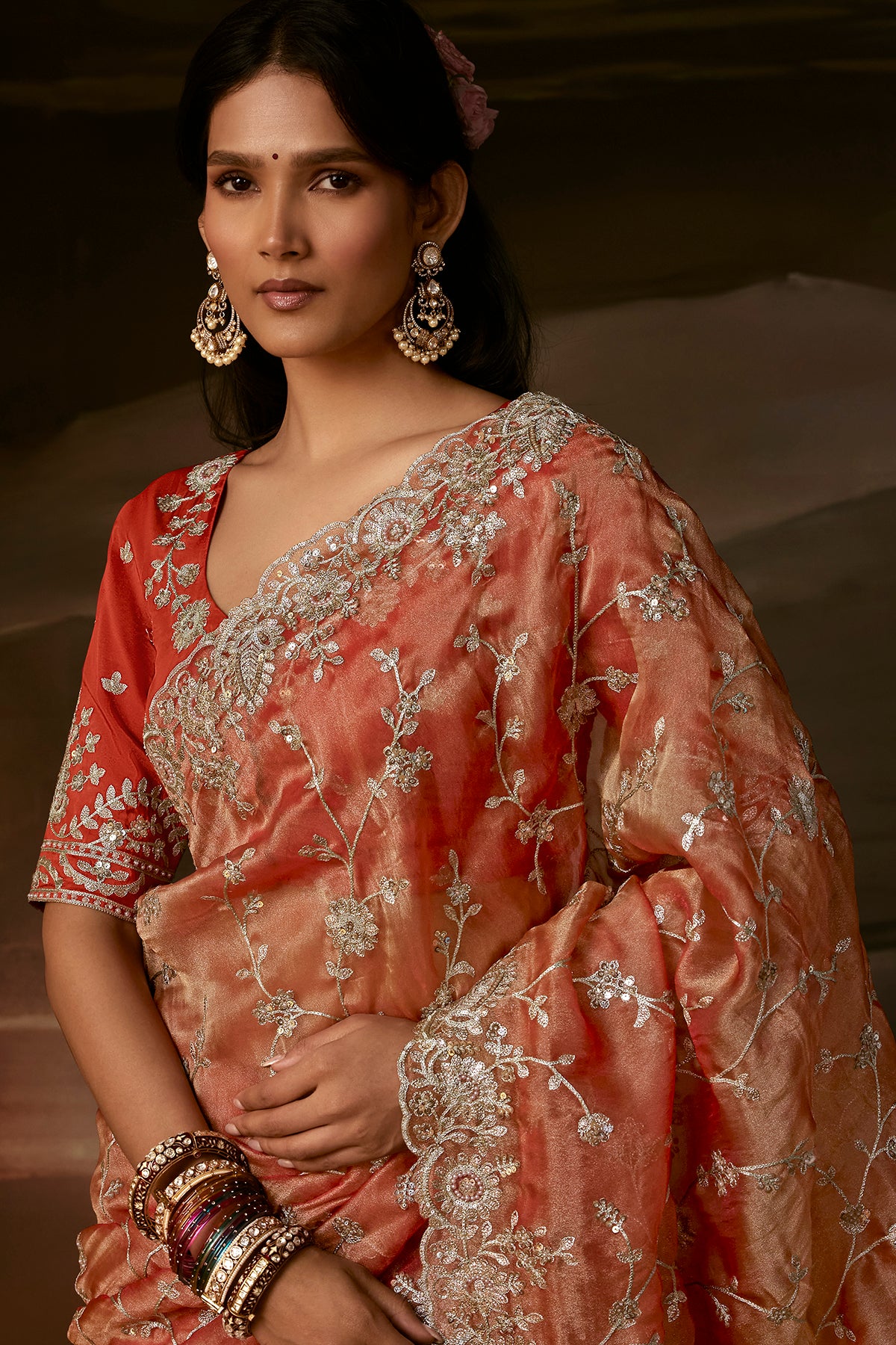 Elegant Peach Pink Embroidered Saree