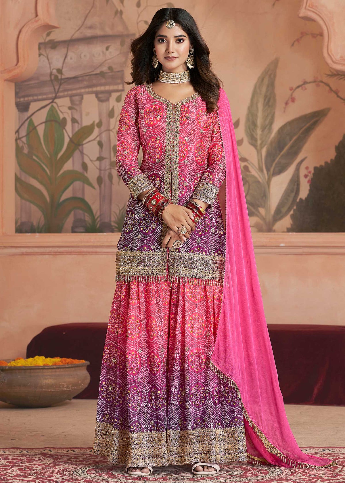 Pink Chinnon Sharara Suit Set