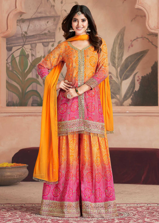 Orange Pink Embroidered Sharara Set