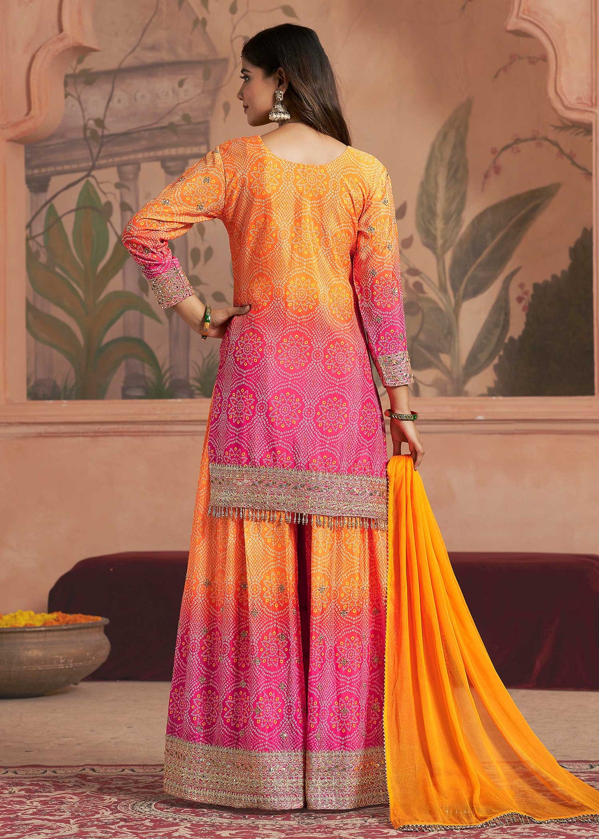Orange Pink Embroidered Sharara Set