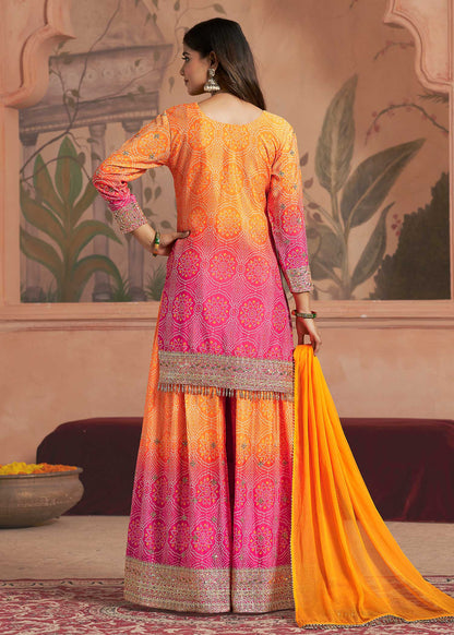 Orange Pink Embroidered Sharara Set