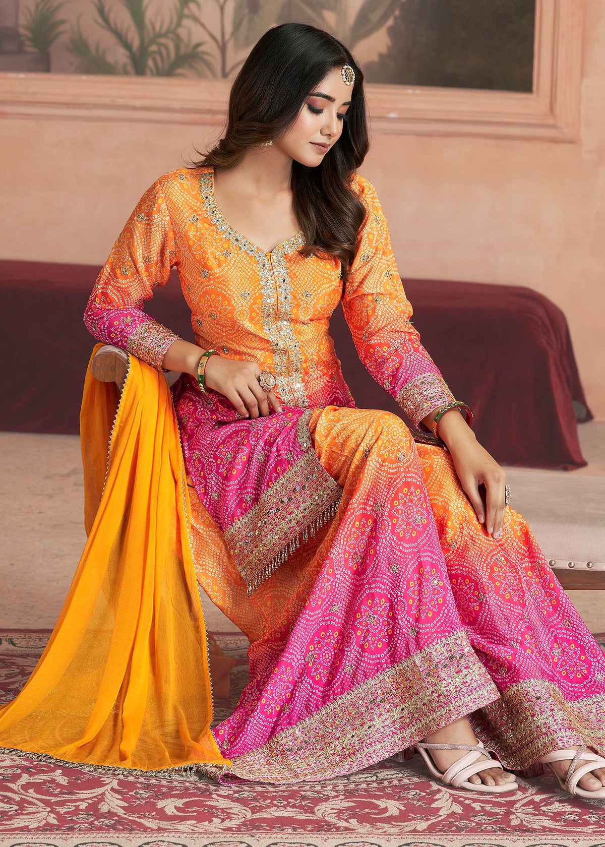 Orange Pink Embroidered Sharara Set