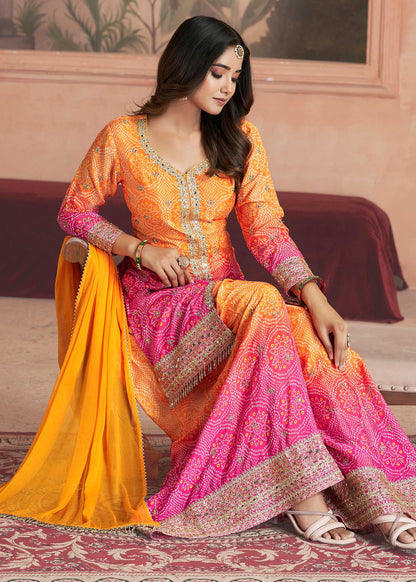 Orange Pink Embroidered Sharara Set