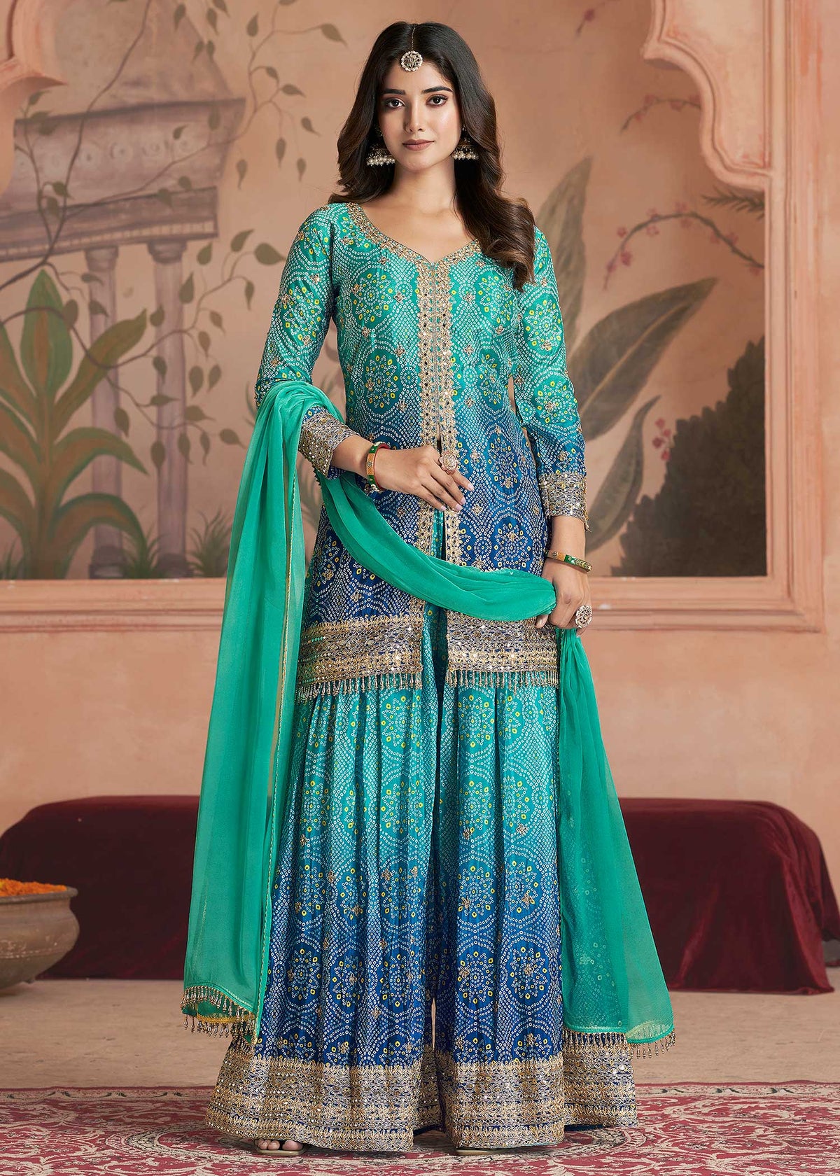 Teal Blue Embroidered Sharara Set