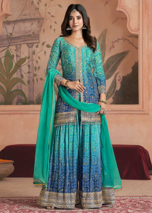 Teal Blue Embroidered Sharara Set