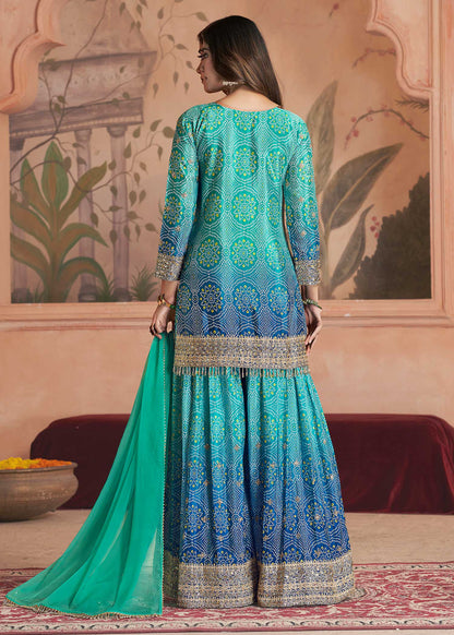 Teal Blue Embroidered Sharara Set