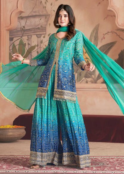 Teal Blue Embroidered Sharara Set