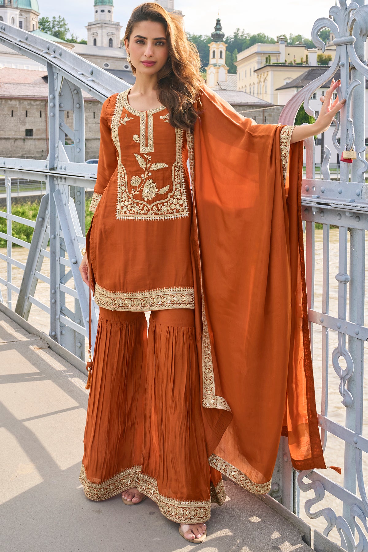 Rust Orange Embroidered Sharara Suit Set