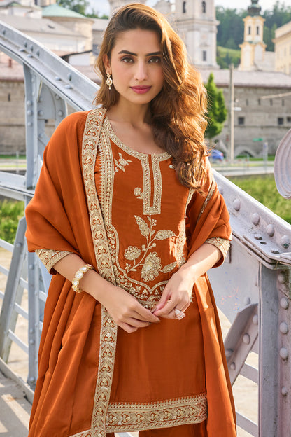 Rust Orange Embroidered Sharara Suit Set