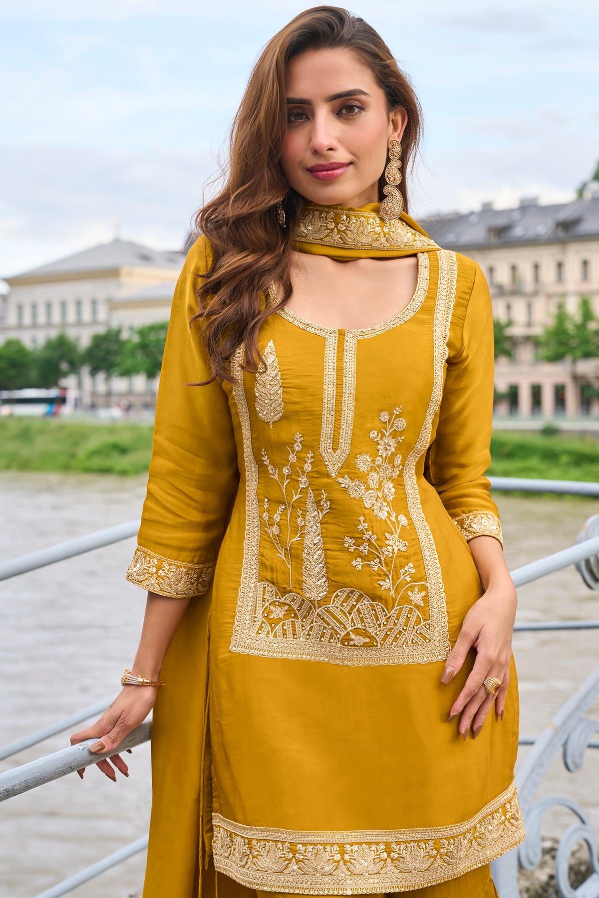 Mustard Embroidered Sharara Suit Set