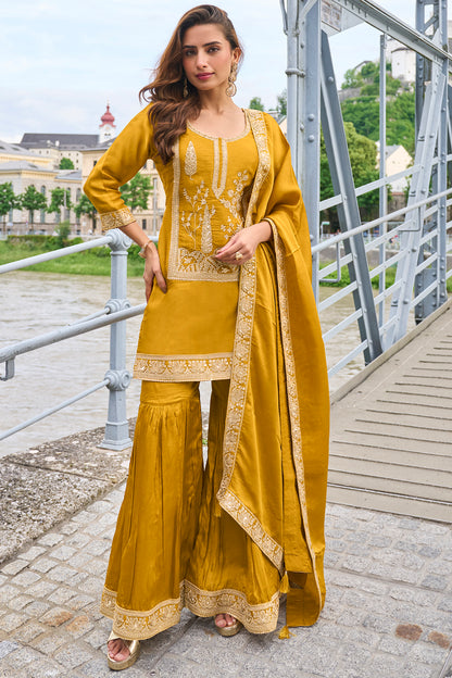 Mustard Embroidered Sharara Suit Set