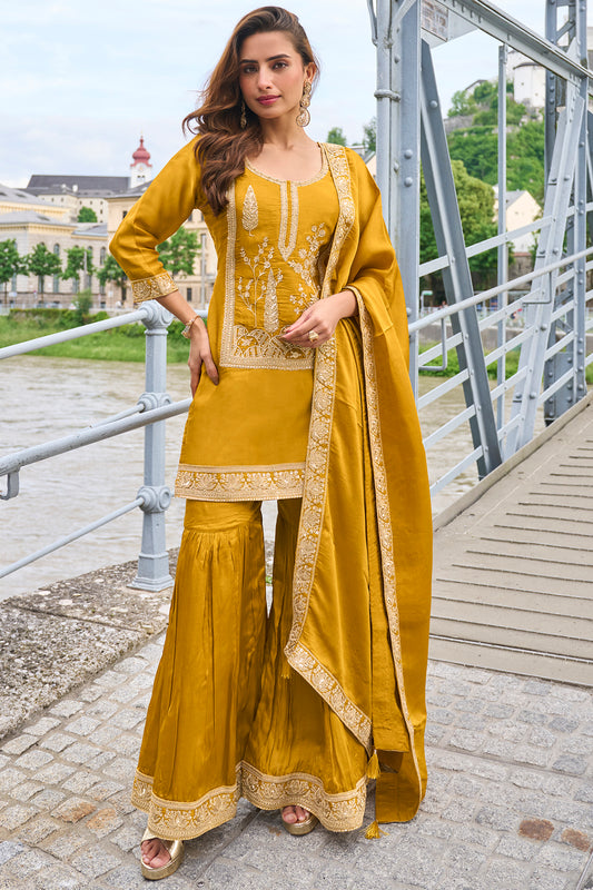 Mustard Embroidered Sharara Suit Set