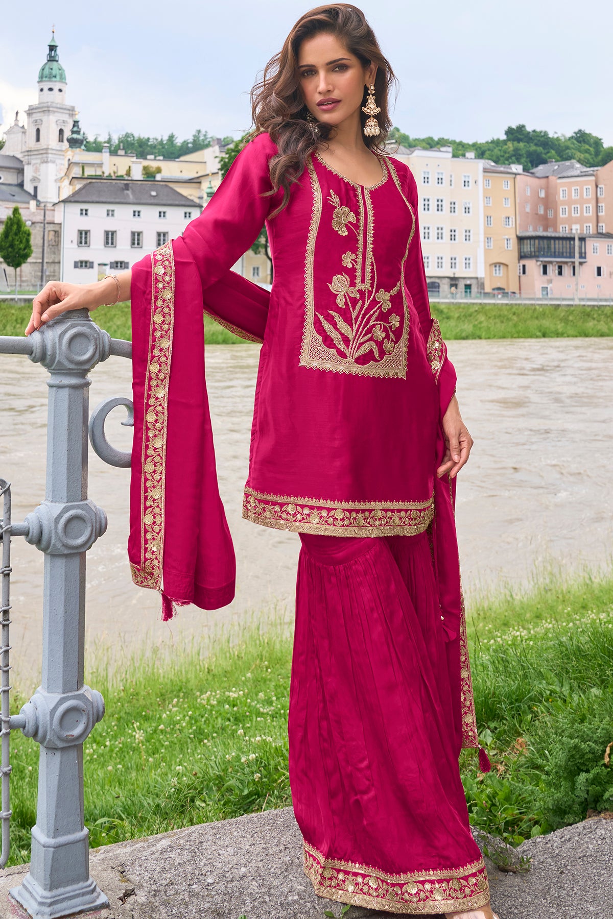 Rani Pink Embroidered Sharara Suit Set