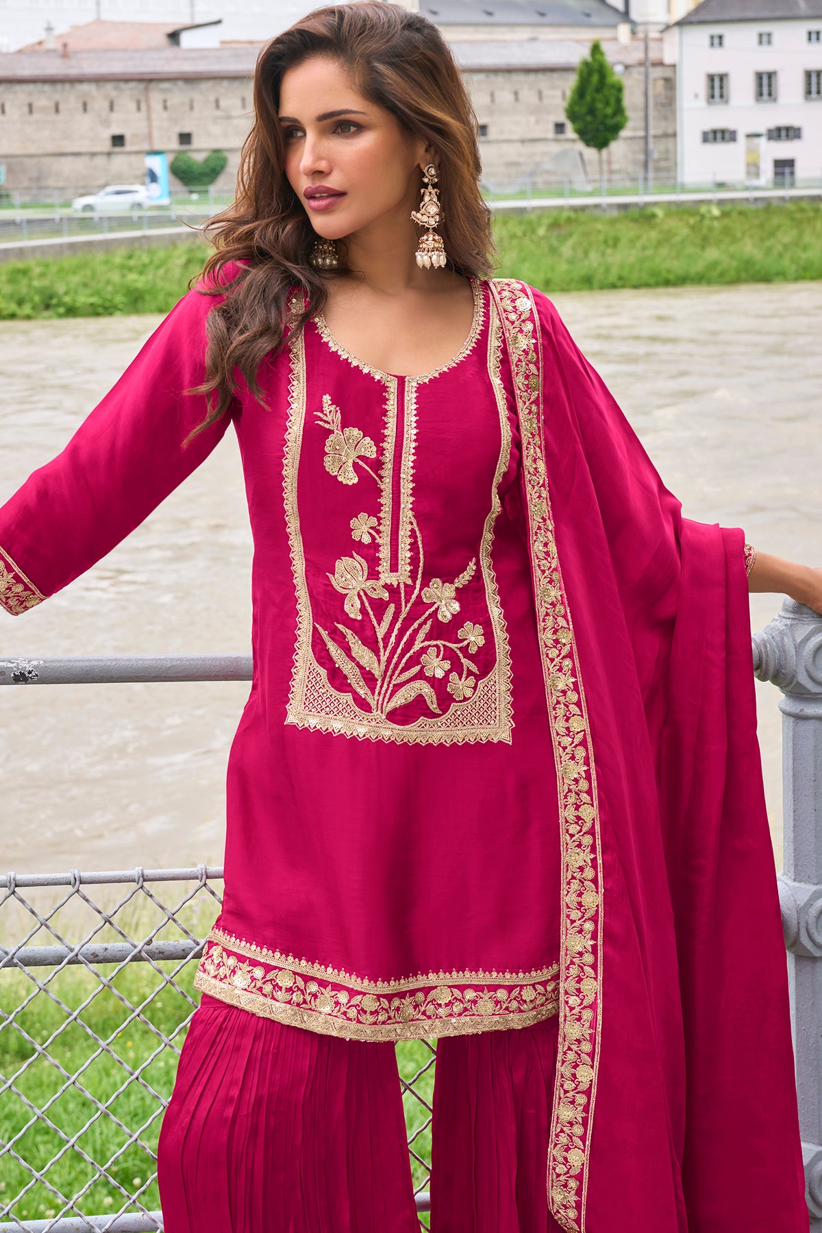 Rani Pink Embroidered Sharara Suit Set