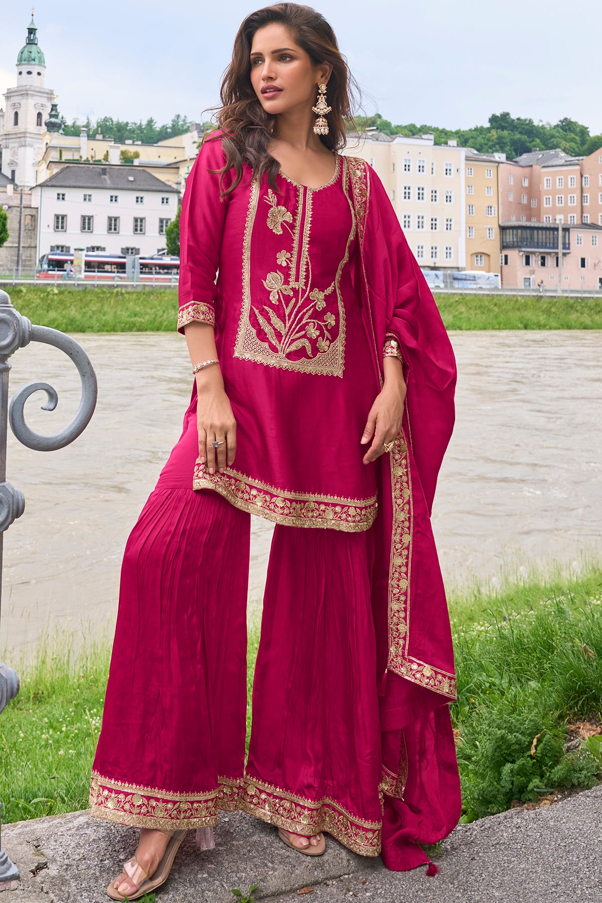 Rani Pink Embroidered Sharara Suit Set