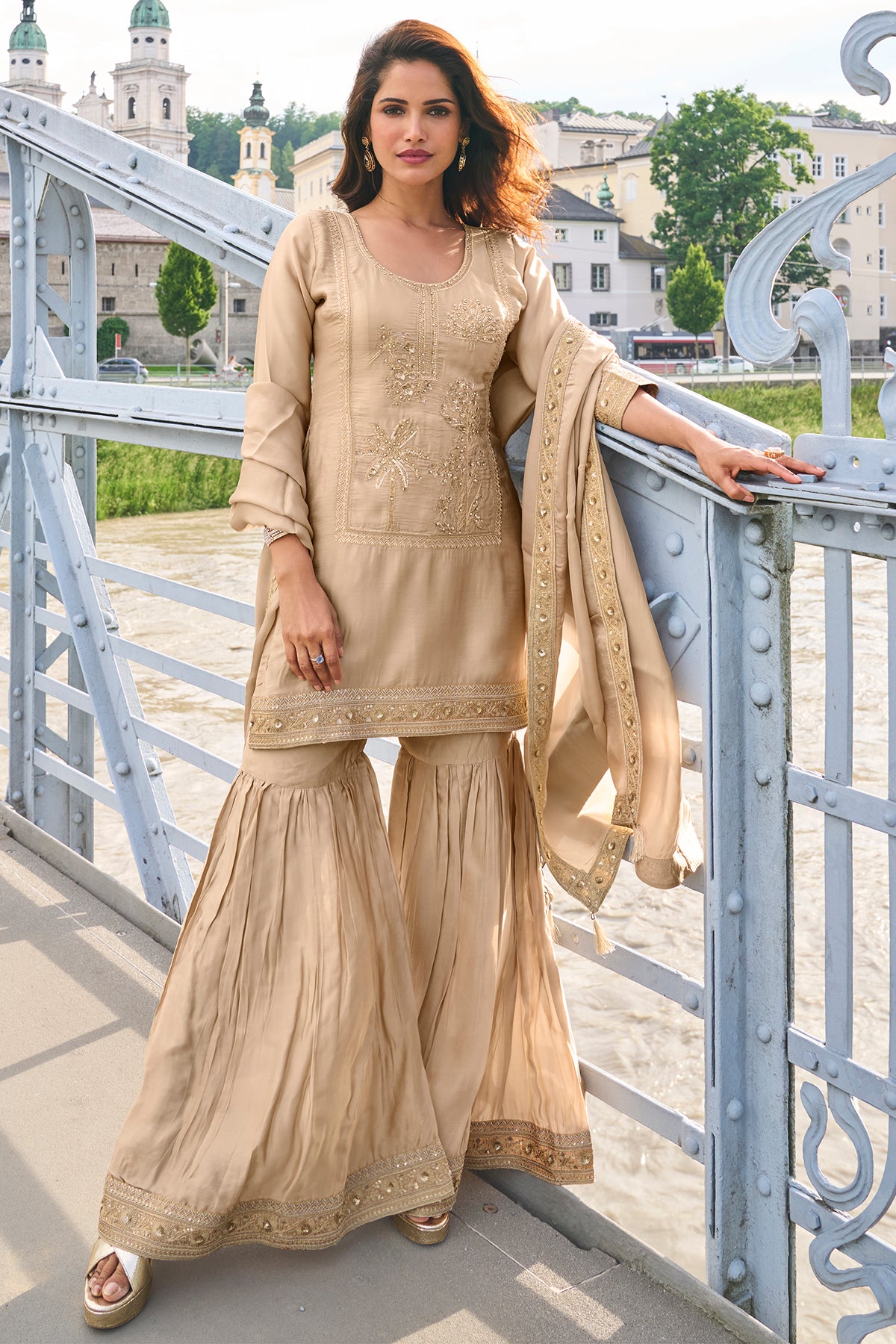 Beige Embroidered Sharara Suit Set