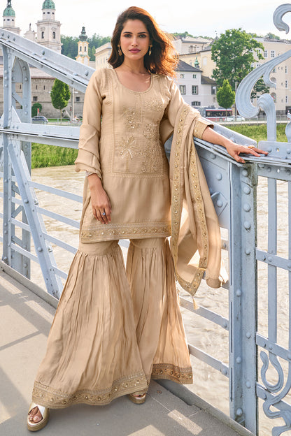 Beige Embroidered Sharara Suit Set