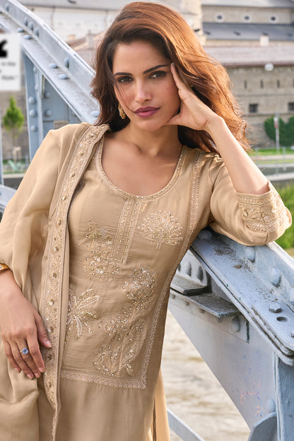 Beige Embroidered Sharara Suit Set