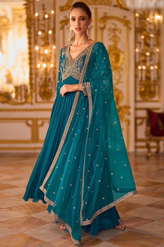 Jade Blue Embroidered Anarkali Suit