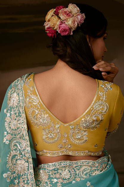 Teal Blue Two Tone Satin Silk Saree