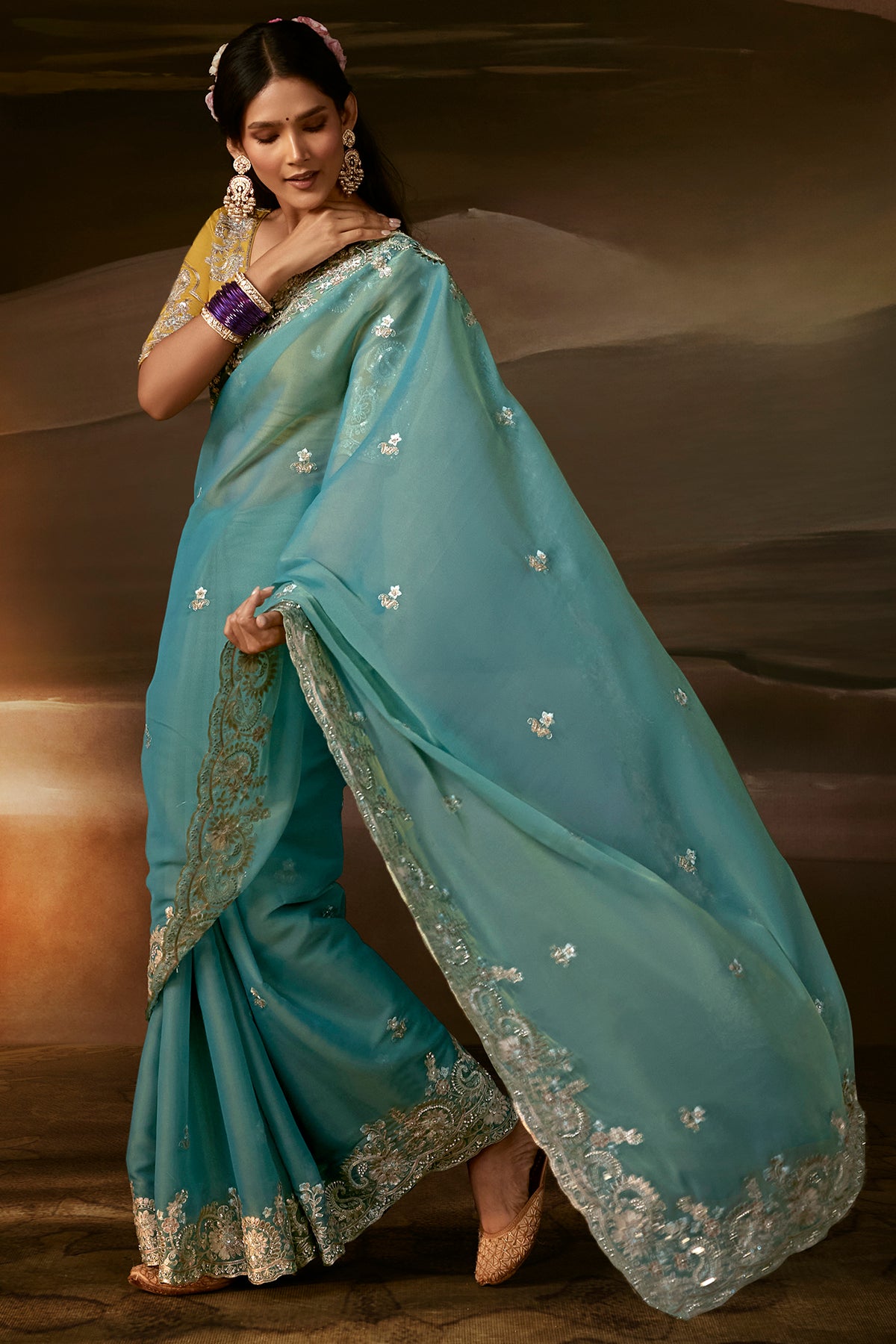 Teal Blue Two Tone Satin Silk Saree