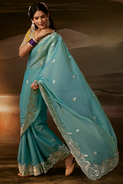 Teal Blue Two Tone Satin Silk Saree