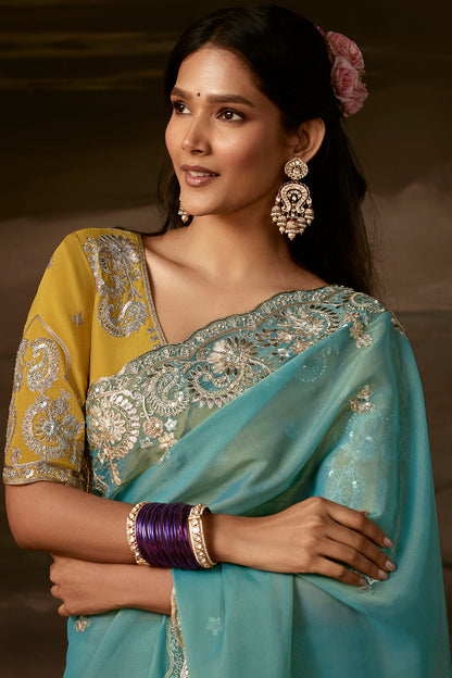 Teal Blue Two Tone Satin Silk Saree