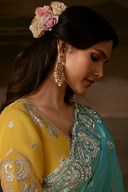 Teal Blue Two Tone Satin Silk Saree