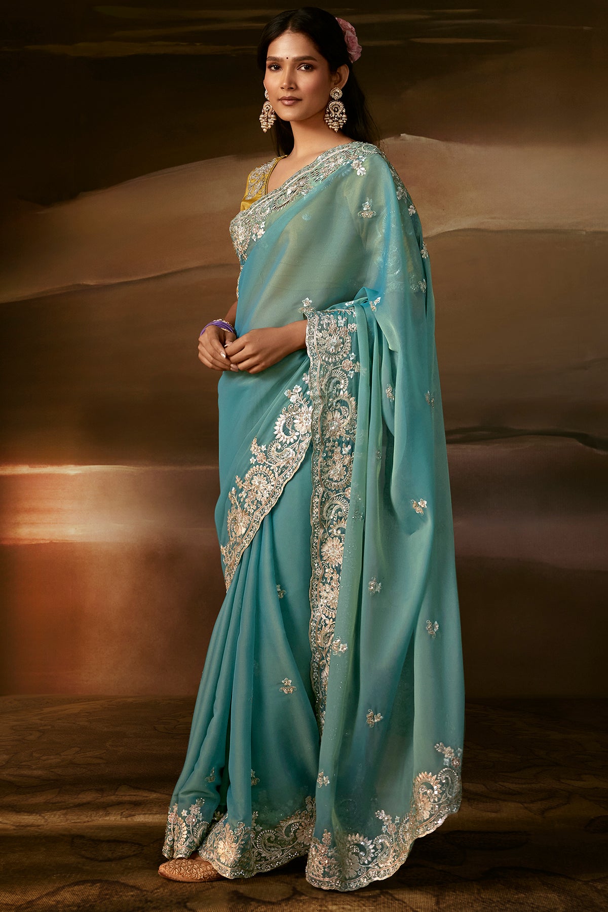 Teal Blue Two Tone Satin Silk Saree