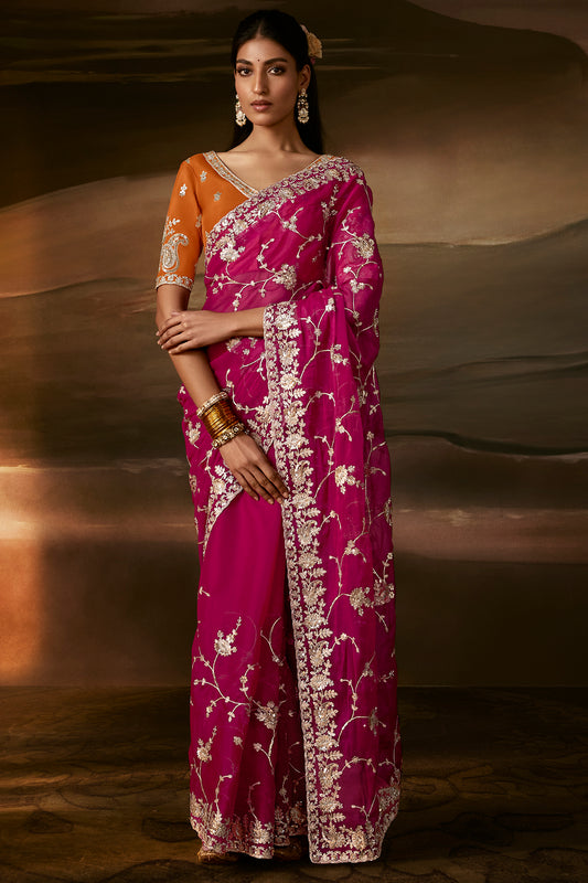 Meganta Embroidered Silk Saree