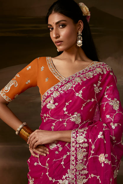 Meganta Embroidered Silk Saree