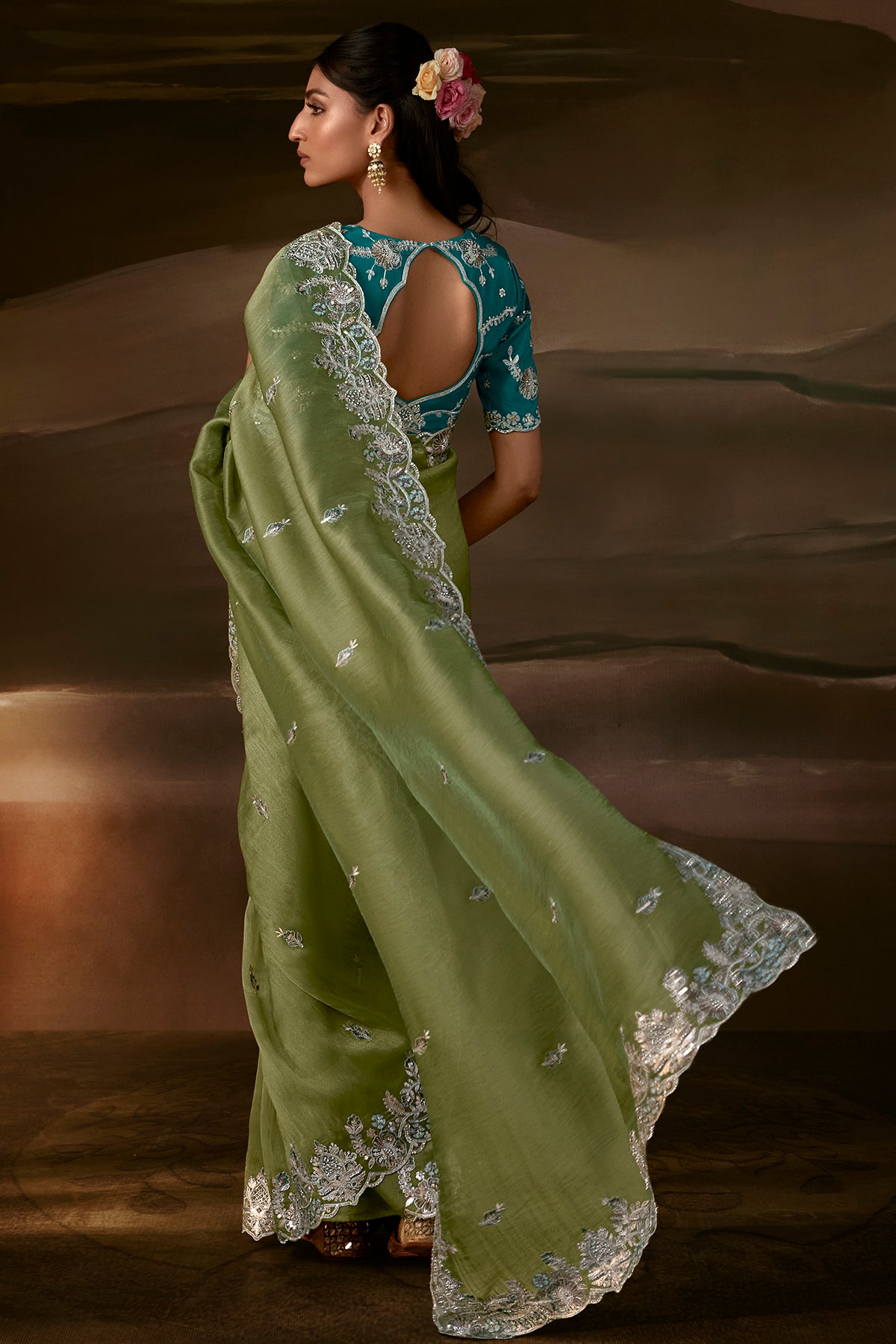Olive Green Zari Organza Embroidered Saree