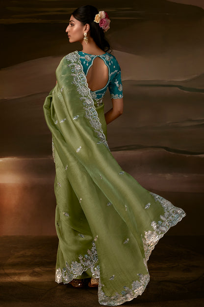 Olive Green Zari Organza Embroidered Saree
