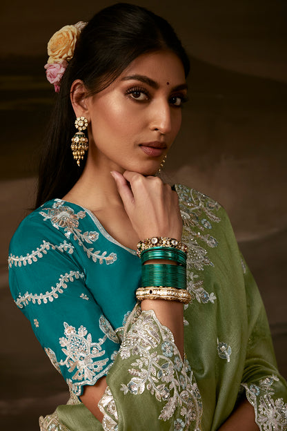 Olive Green Zari Organza Embroidered Saree
