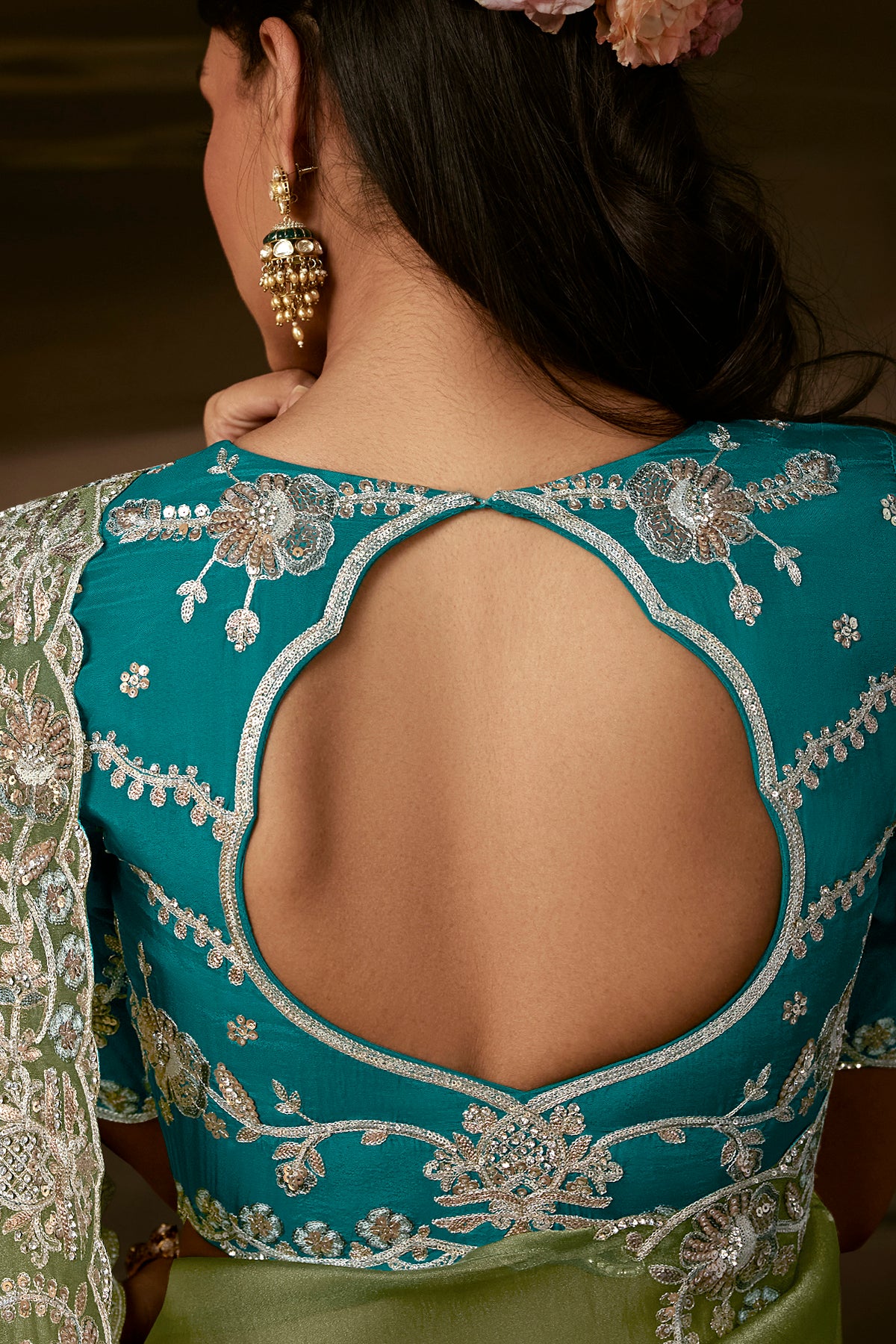 Olive Green Zari Organza Embroidered Saree