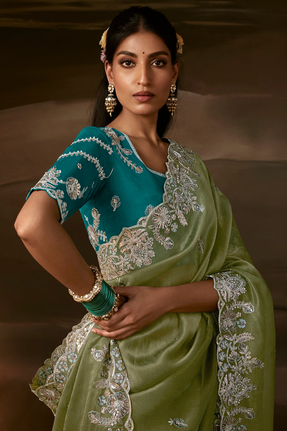 Olive Green Zari Organza Embroidered Saree