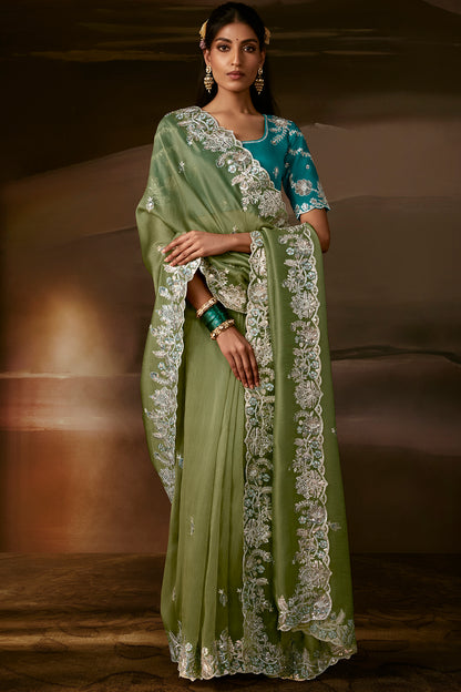 Olive Green Zari Organza Embroidered Saree