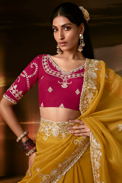 Mustard Yellow Zari Organza Embroidered Saree