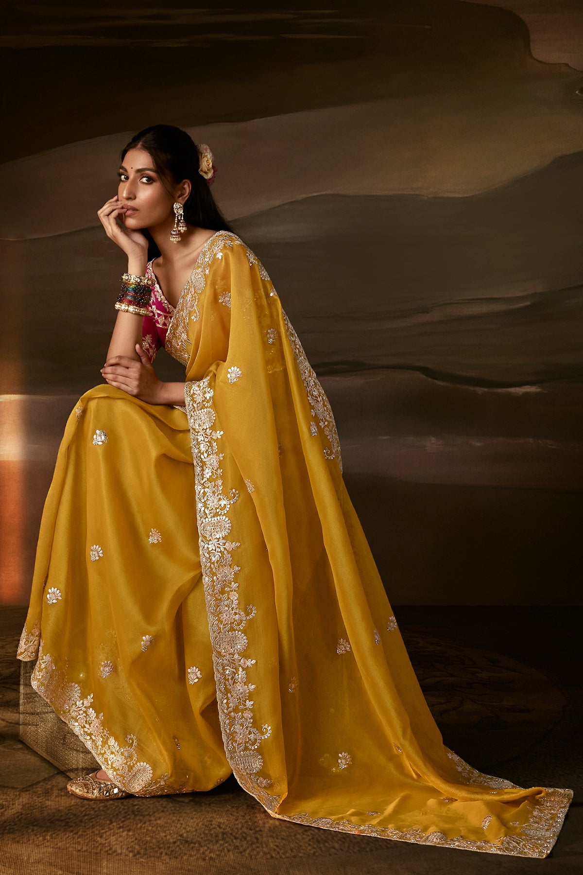 Mustard Yellow Zari Organza Embroidered Saree