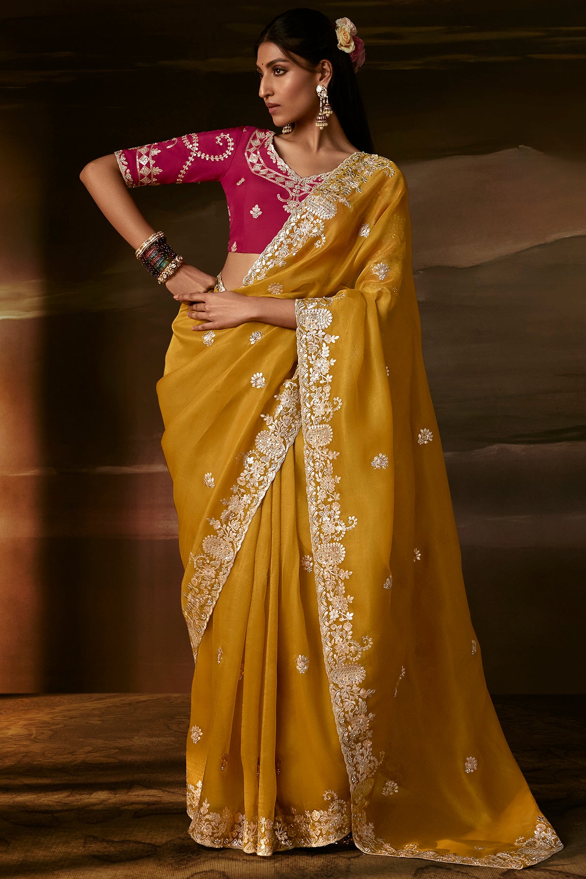 Mustard Yellow Zari Organza Embroidered Saree