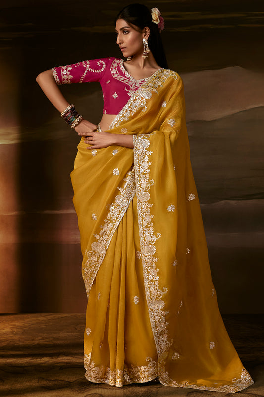 Mustard Yellow Zari Organza Embroidered Saree