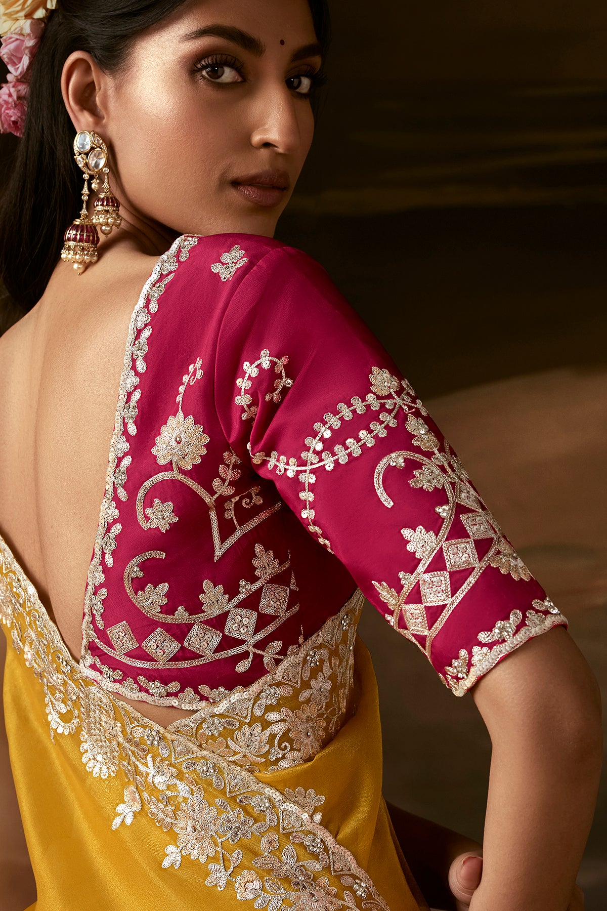 Mustard Yellow Zari Organza Embroidered Saree