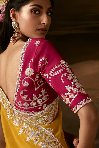 Mustard Yellow Zari Organza Embroidered Saree