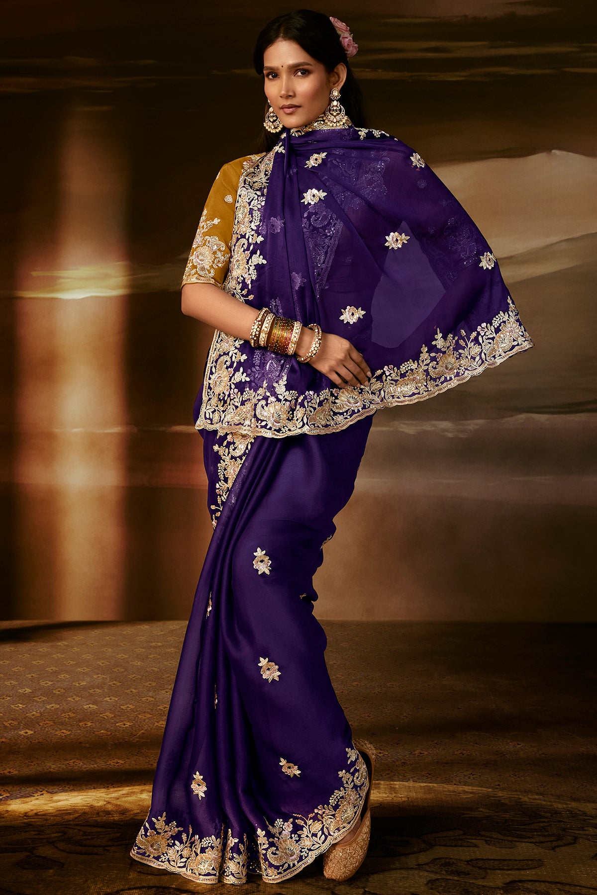 Royal Purple Embroidered Saree with Golden Work