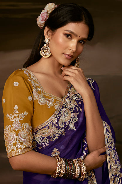 Royal Purple Embroidered Saree with Golden Work